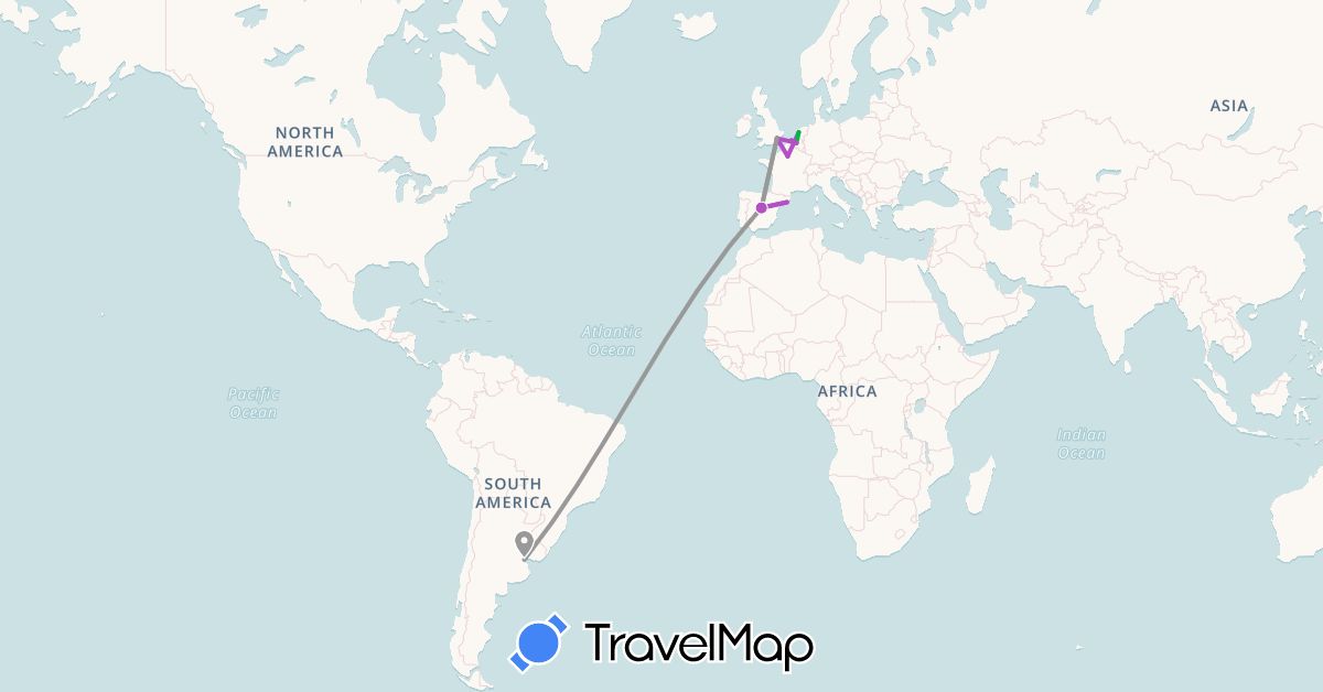 TravelMap itinerary: driving, bus, plane, train in Argentina, Belgium, Spain, France, United Kingdom, Netherlands (Europe, South America)